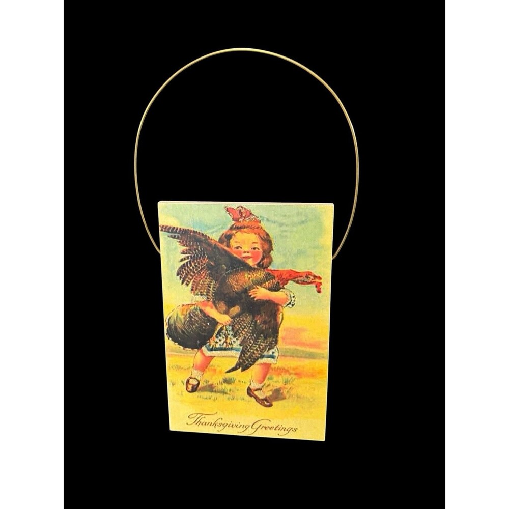 Vtg Postcard Style Thanksgiving Greetings Girl & Turkey Wire Hanger Sign